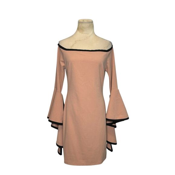 Event beige black trim off the shoulder sheath dress size Large - Picture 1 of 13